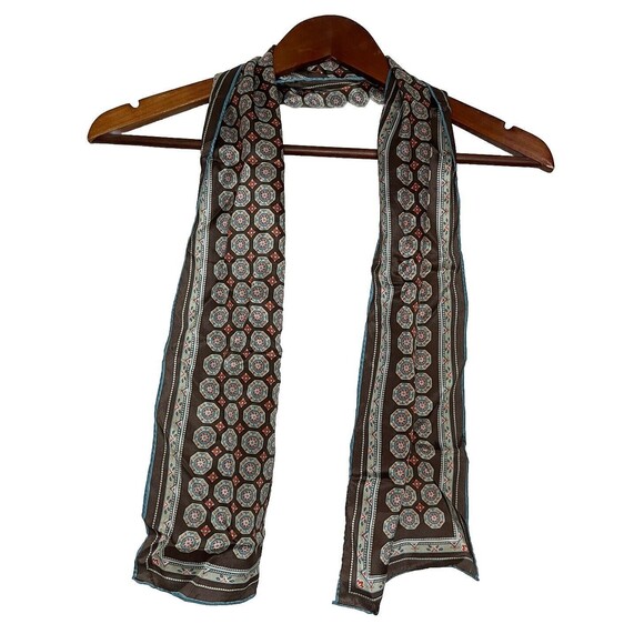 sally gee silk scarf brown teal medallion print 8.5x24" made in japan Vintage - Picture 1 of 7